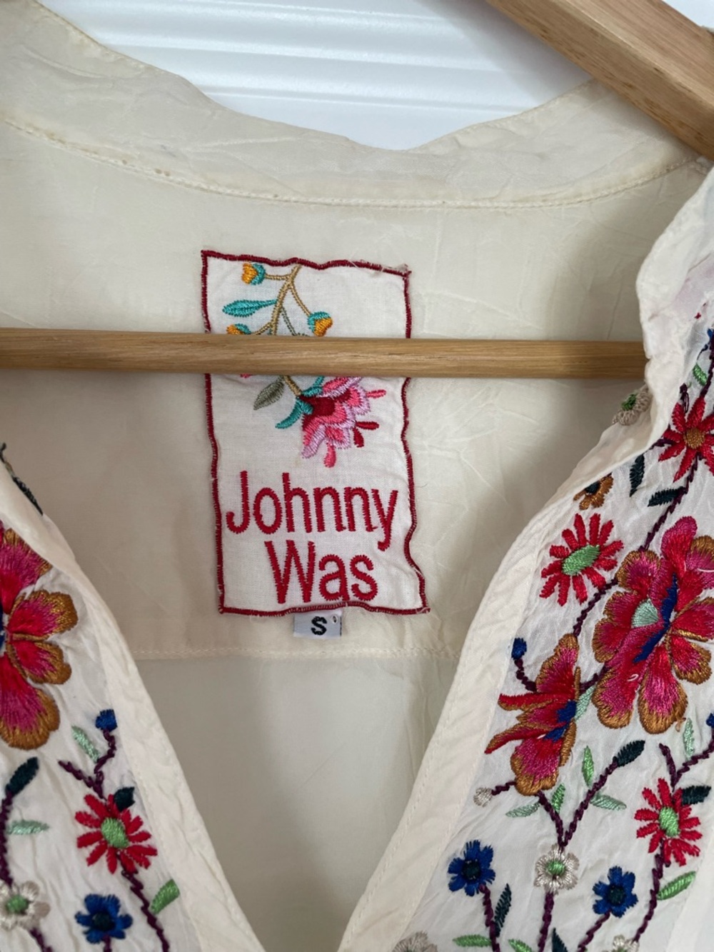 Johnny Was Cream Embroidered V-Neck, Pintuck Peasant Blouse, Small - Picture 4 of 7